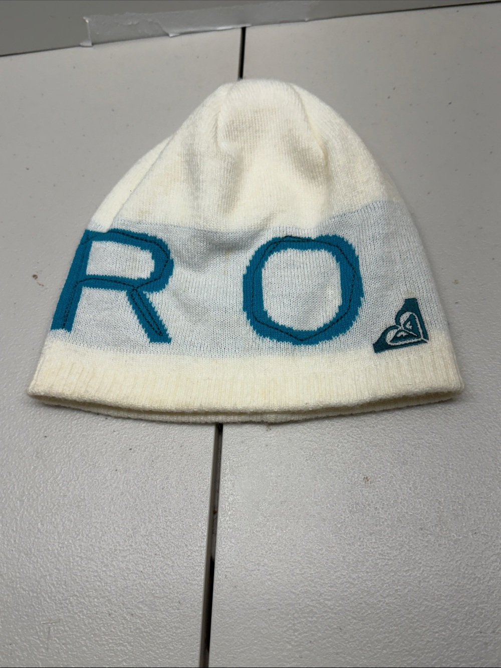 Roxy Cream Beanie with Teal Logo